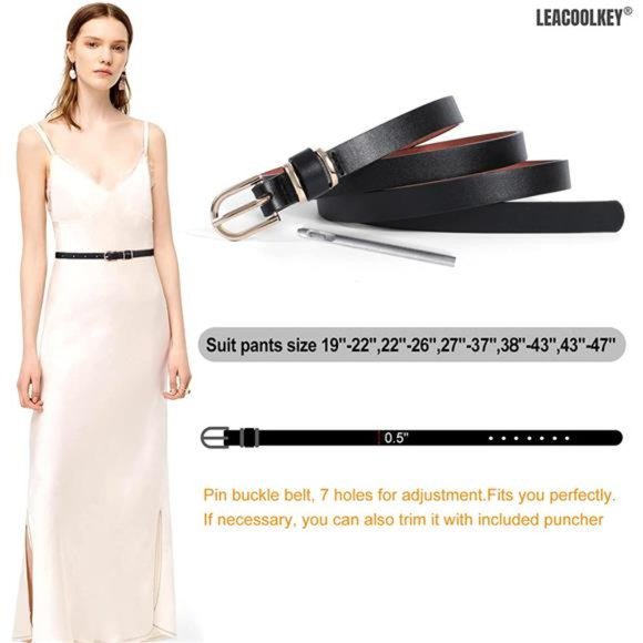 LEACOOLKEY Skinny Leather Belt for Dress for Jeans Waist Belt with Gold Buckle main image 6